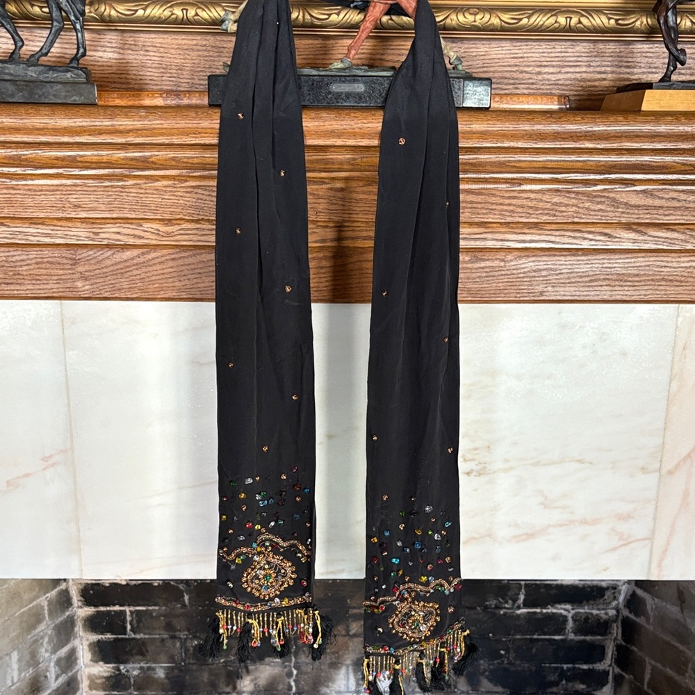 Black Beaded Scarf with Fringe